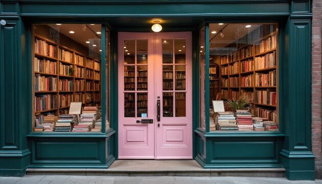 Exterior of a charming bookshop with large display windows showcasing shelves full of books. A pink door with glass panes is central. Books are stacked in the windows and on the sidewalk in front.