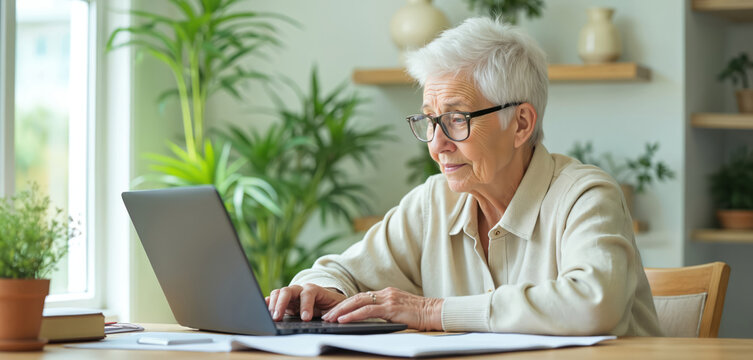 Elderly woman with glasses types on laptop at home desk. Senior female plans retirement finances online. Pensioner researches information on computer for better future.