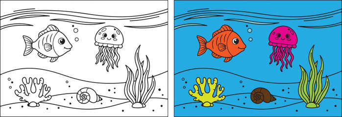 Orange fish and pink jellyfish underwater scene ocean © abdur