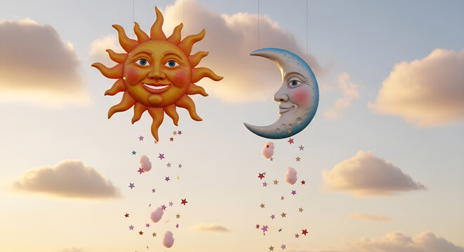 Smiling sun and crescent moon faces with starry particles, whimsical sky backdrop, playful animation for kids content or Easter pranks