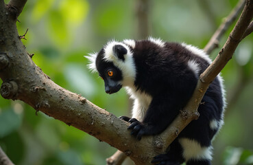 Fototapeta premium Black and white ruffed lemur clings to tree branch. Primate with orange eyes sits on rough bark amid lush green foliage. Small animal climbs in habitat.