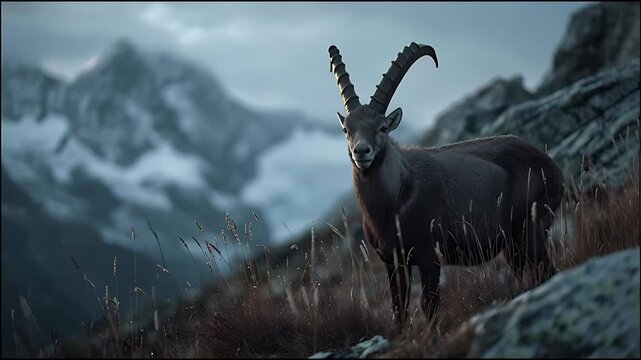 Majestic wild ibex stands resolute on a rugged alpine mountain slope, its impressive horns silhouetted against a dramatic, cloud-kissed peak at high altitude