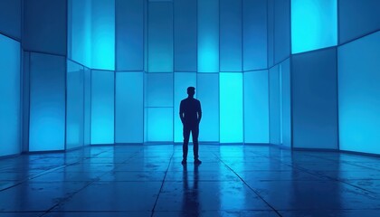 Fototapeta premium Man stands in illuminated blue room. Geometric walls glow with bright light. Floor reflects the vibrant blue and the lone figure in dark silhouette.