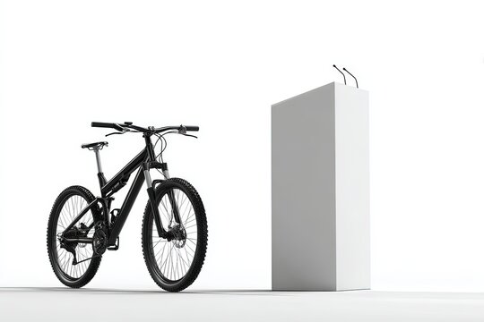 A sleek, modern mountain bicycle and a minimalist podium, an evocative juxtaposition in a stark, studio setting.
