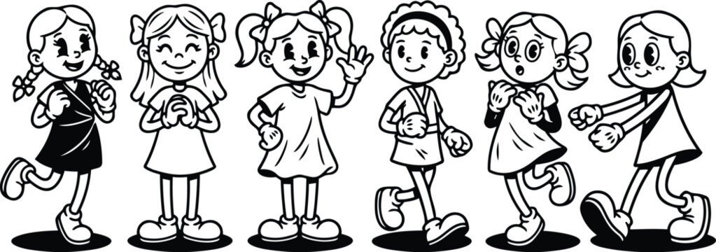 Retro black and white line art six girls walking and holding balls with playful expressions