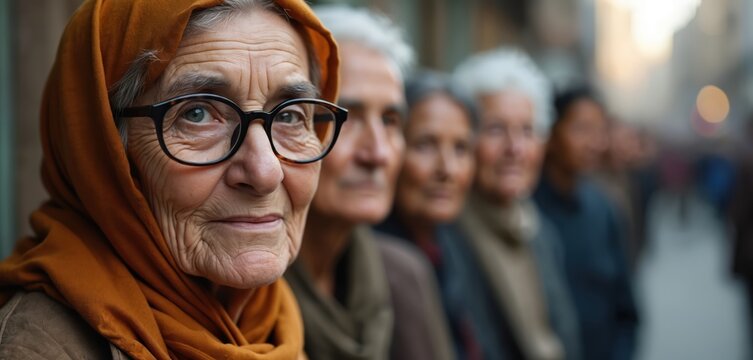 A group of elderly people stand together, representing the growing older population worldwide. Their faces show experience and wisdom. They are diverse and have different clothing styles.