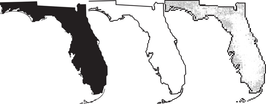 Four distinct representations of the state of Florida's outline including a solid silhouette a pixelated outline and a detailed line on a white