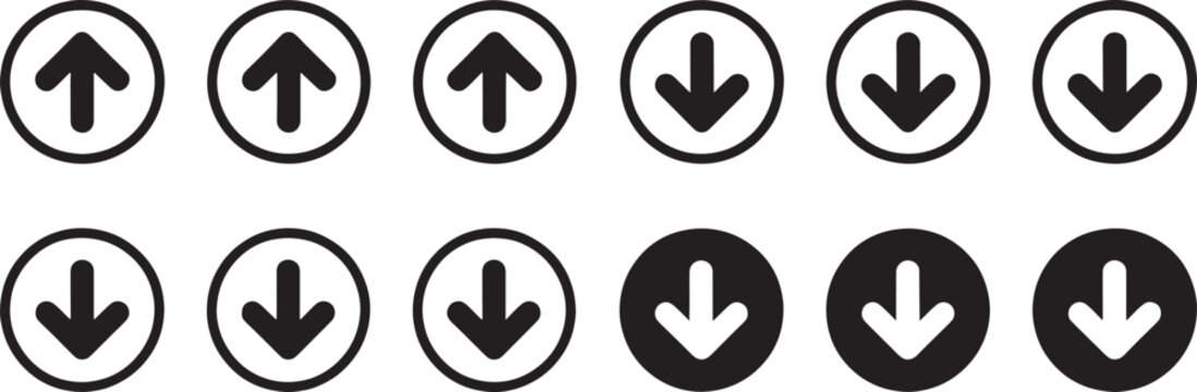 Group of twelve circular arrow half pointing up and half pointing down, in outline and solid fill styles on white background Keywords: arrow, up