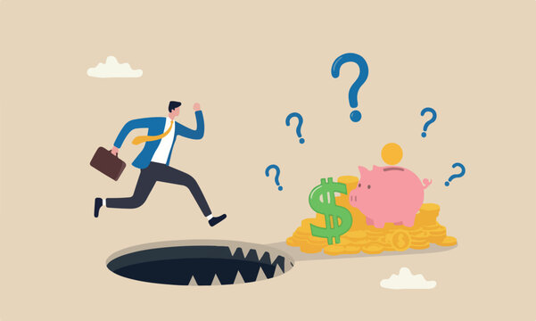 Financial money,pink investment, ponzi scheme or business pitfall concept, businessman investor running and jumping into lore money pitfall or mouse trap with big money dollar sign bait.