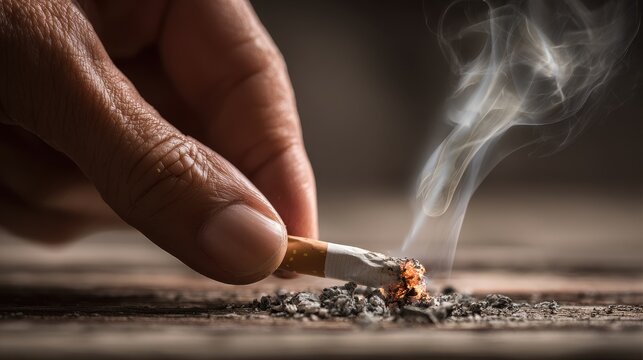 Close-up of an adult hand crushing a cigarette to symbolize quitting smoking
