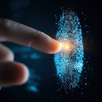 A close-up captures a detailed fingerprint interacting with futuristic digital data.