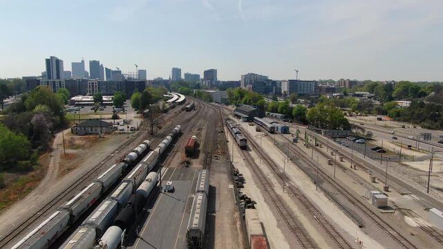 Aerial View of Raleigh Railyard and City Skyline in North Carolina