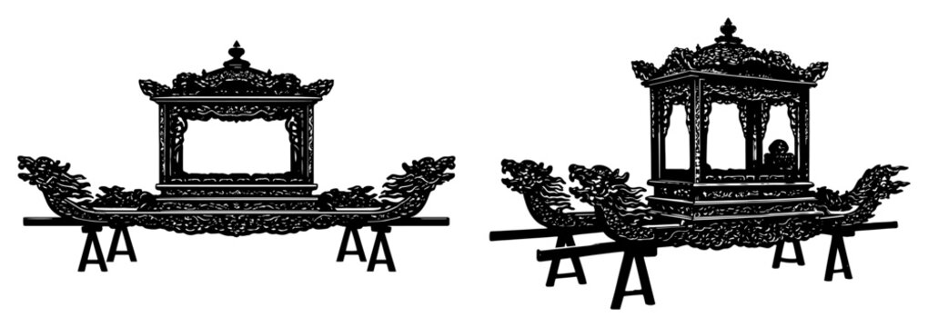 Ornate traditional Asian ceremonial palanquins and royal carriage silhouette vector illustration