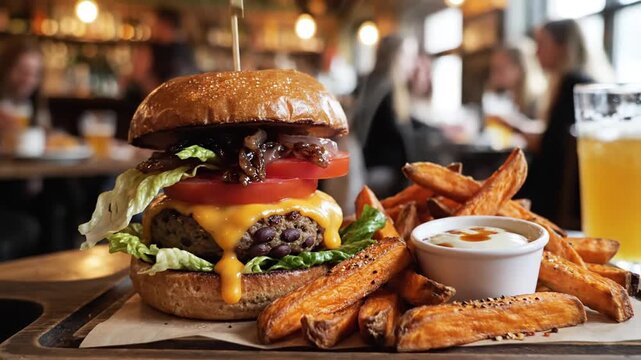 Black bean burger with sweet potato fries and dipping sauce