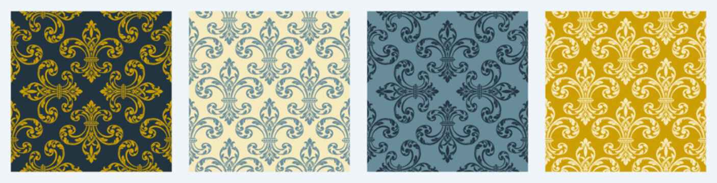 Classic lily flower ornaments in seamless grid. Seamless vector pattern with elegant ornamental motifs. Traditional french heraldry symbols for decorative use.