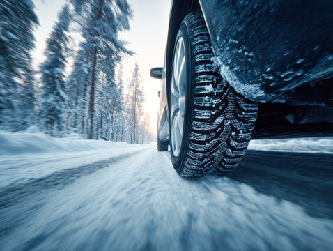 Car tire driving on a snow-covered forest road during winter sunset showcasing traction and safety in icy conditions on a rural landscape route
