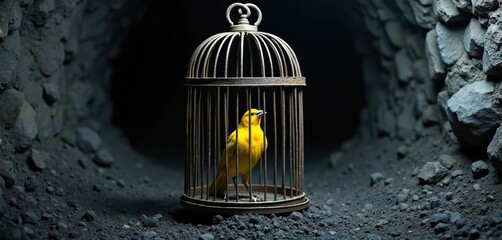Fototapeta premium Yellow canary bird in vintage iron cage inside dark coal mine tunnel. Small animal trapped underground, symbolic warning of danger and isolation. Old industrial setting.