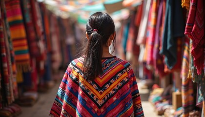 Obraz premium Young woman wears colorful poncho at outdoor market. Rows of vibrant textiles hang, showcasing traditional crafts and cultural style. She explores stalls at busy bazaar.