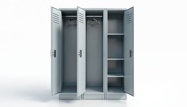 Group of empty grey metal lockers with open doors. Each locker has a hanging bar and shelves inside. They are clean and ready for storage use. Safe personal belongings.