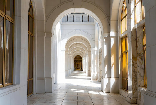 A long, sunlit corridor in a classical building. It appears to be an entrance or passageway within a courthouse.
