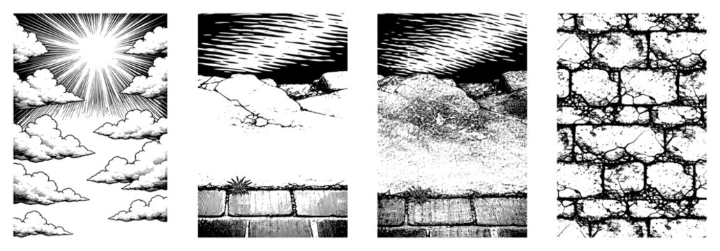 Collection of four vertical panels with nature textures including sun clouds and stone wall in black and white ink style