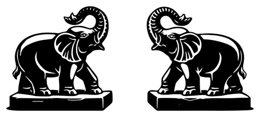Pair of traditional oriental elephant statues with raised trunks in black and white vector style © Tomas