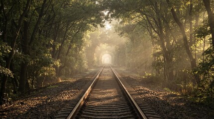 Obraz premium A serene railway track leading through a dense forest towards a bright sunny exit