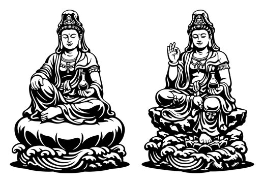 Set of two traditional oriental deity statues sitting on lotus bases in black and white vector