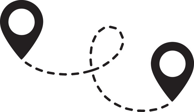 Two black location pins connected by a dashed line forming a winding path indicating travel routes navigation and distance between points Keywords