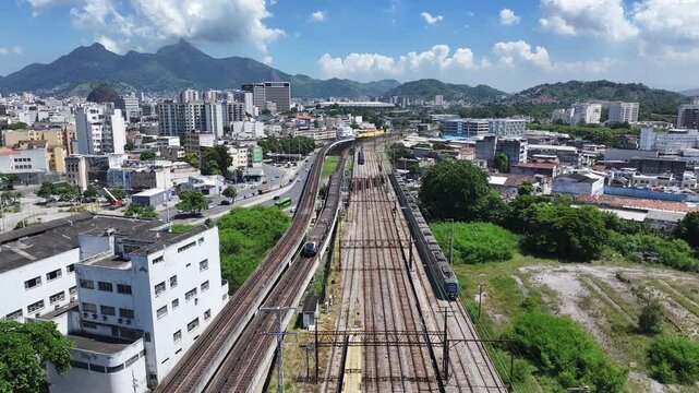 Railway Transport In Rio De Janeiro In Brazil. Enterprise Buildings Scenery. Downtown District. Transportation Skyline. Railway Transport In Rio De Janeiro In Brazil. Beautiful Cityscape. 