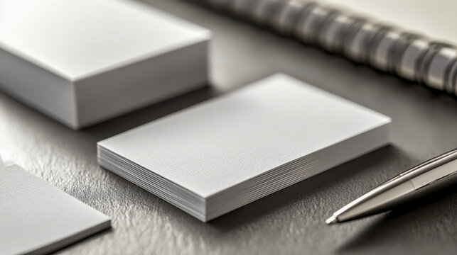 Stacks of blank white business cards alongside a silver pen and spiral notebook on a textured gray surface for professional office use