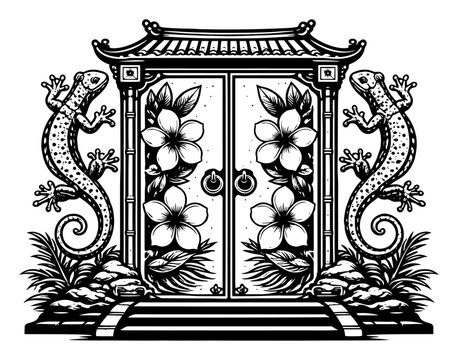 Ornate oriental gate decorated with geckos and plumeria flowers in vintage black and white woodcut style