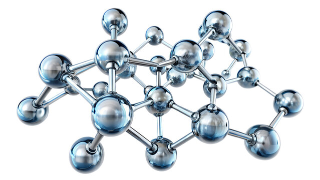 Elegant 3D rendering of a complex glass molecular structure with transparent atoms isolated on white background