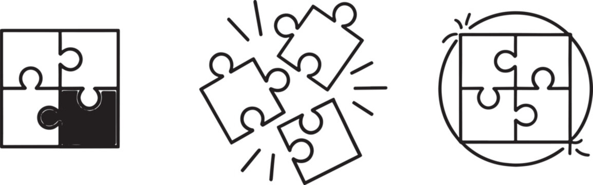 Three distinct line representing puzzle pieces and their assembly or disassociation with one showing a completed square of four pieces and another
