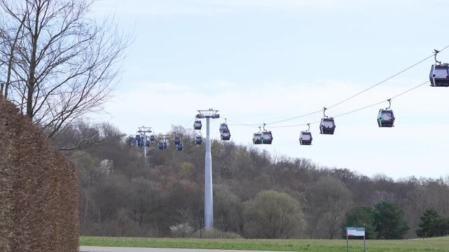 Cable cars glide over quiet, tree-lined hills. Sky shows soft clouds, hinting at calm morning or late afternoon. No people visible, so emotions unimportant. Ideal for travel, nature
