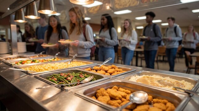 A large group of people standing in line at a cafeteria serving a variety of food