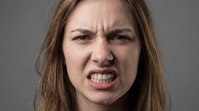 A woman with a scowling face and a furrowed brow looks directly at the camera with an angry expression