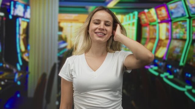 Woman smiling with hand to hair beside brightly lit slot machines in casino building, wearing white tshirt and casual pose; happy leisure.