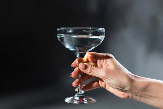 A hand holds a glass of water in a dimly lit setting.