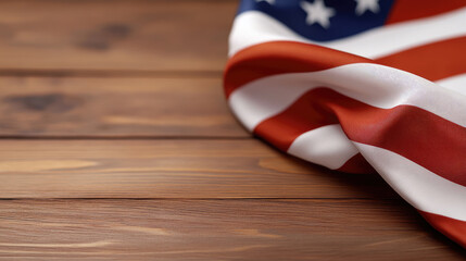 Obraz premium American flag draped on dark rustic wooden surface, symbolizing patriotism and national identity, celebrating independence and freedom with solemn remembrance and pride