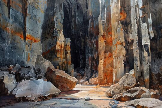 Sunlight illuminates the towering cliffs and rugged beauty of bombo quarry, a geological wonder in kiama, new south wales, australia
