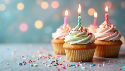 Fototapeta premium Four festive cupcakes with lit candles and colorful sprinkles sit on a table. A sweet treat ready for any celebration event, like a birthday party or special occasion.