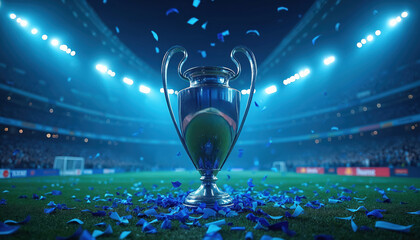 Obraz premium Close up of champion trophy on soccer field. Stadium lights shine on award. Blue confetti falls on green grass, celebrating victory. Winner receives prize after match.