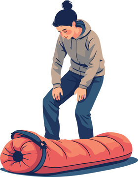 Illustrazione vettoriale di una persona che arrotola o sistema un sacco a pelo imbottito dopo il campeggio. Concetto di outdoor, viaggio, escursionismo, organizzazione dell&rsquo;attrezzatura e vita 