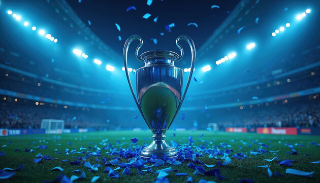 Close up of champion trophy on soccer field. Stadium lights shine on award. Blue confetti falls on green grass, celebrating victory. Winner receives prize after match.