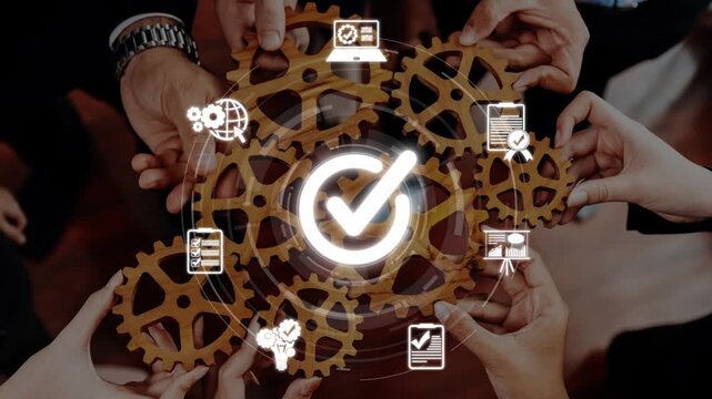 Focus on teamwork and collaboration represented by interlocking gears and icons, highlighting business success and innovative ideas in a corporate setting. Raster