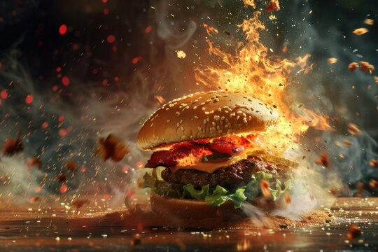 Delicious hamburger exploding with flames and smoke, creating a dramatic and fiery culinary scene