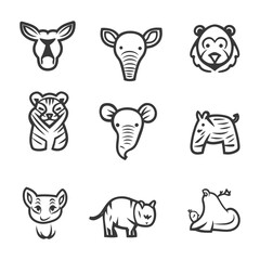 Fototapeta premium Nine simplified animal illustrations arranged in a square pattern format