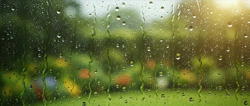 Raindrops sliding down window glass with blurred green garden background