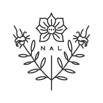 A detailed line drawing featuring flowers leaves and the word nal